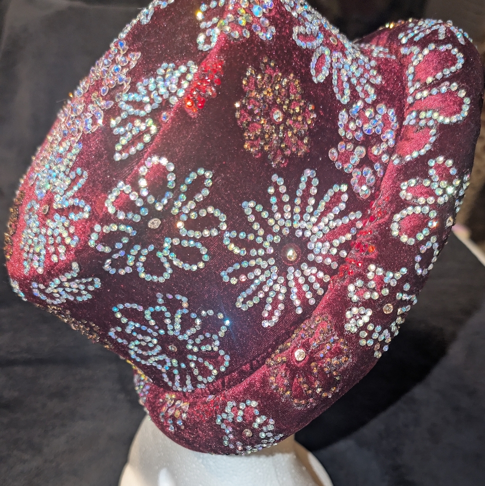 A burgundy velvet hat embellished with glass and Swavorsky crystal gems. - Picture 8 of 11